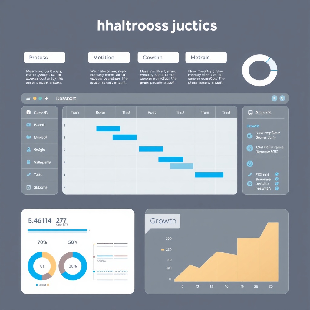 Infographic dashboard of project timelines, process flows and performance metrics